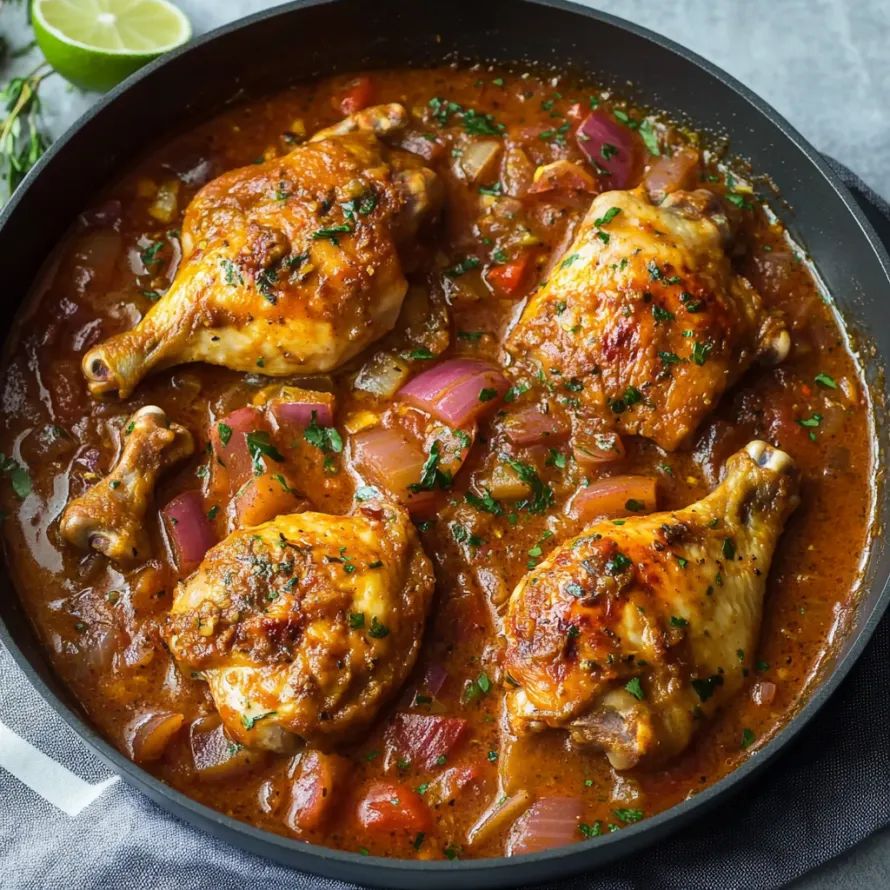 A bowl of chicken with onions and peppers.