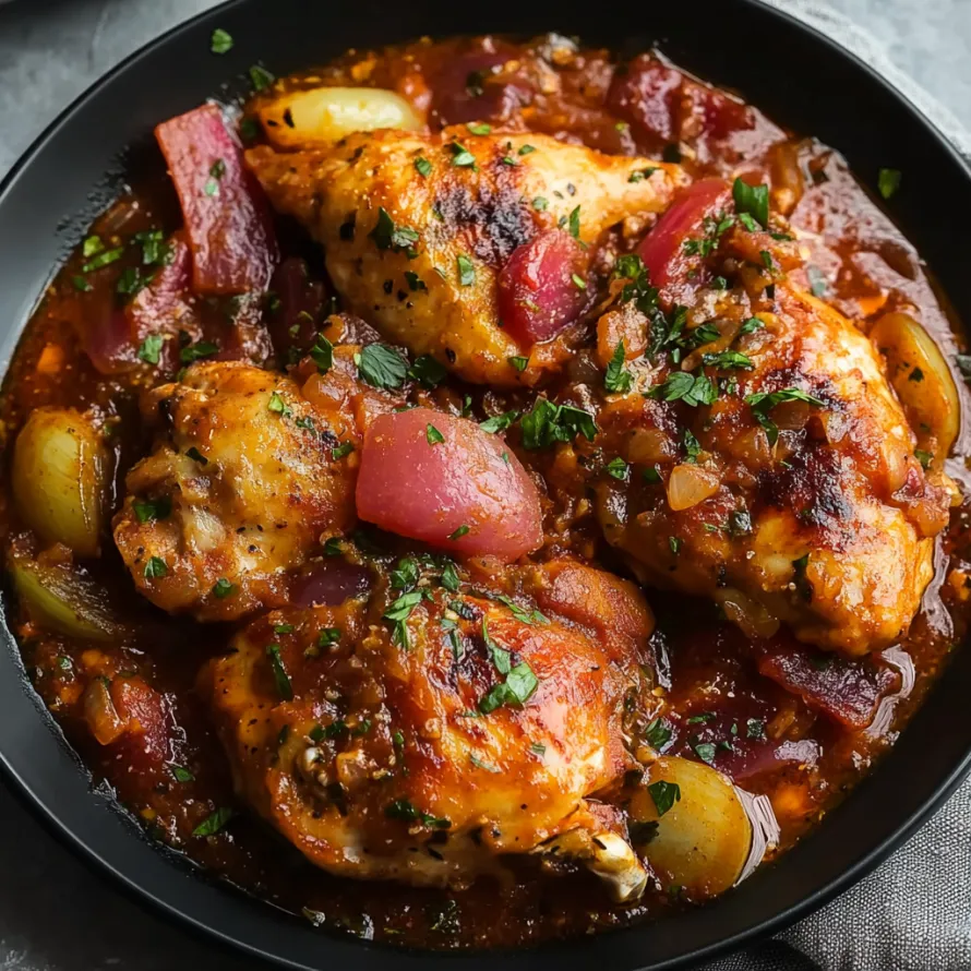 A bowl of chicken with tomatoes and herbs.