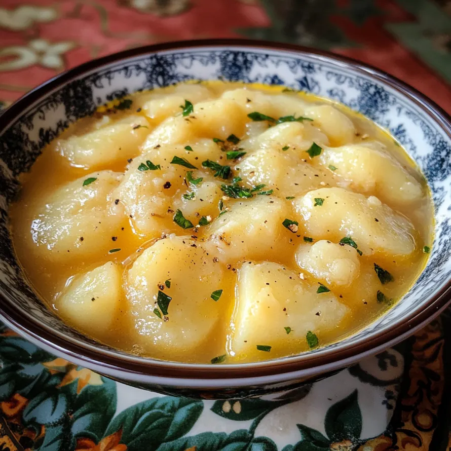 A bowl of soup with a spoon in it.