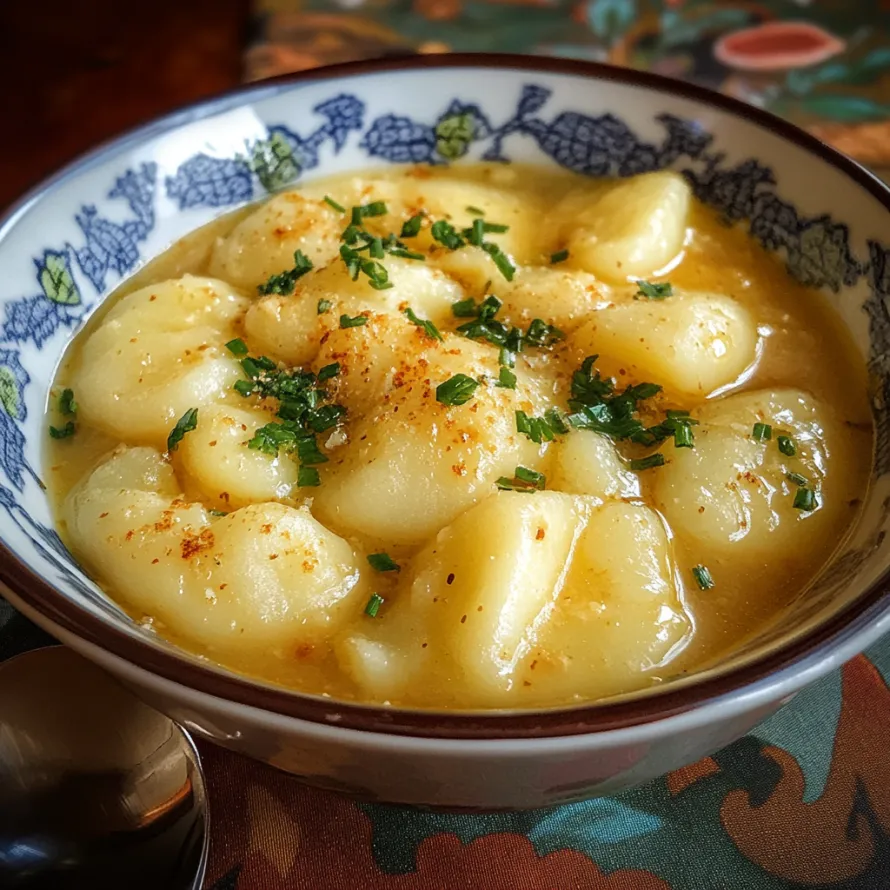 A bowl of soup with potatoes and herbs.