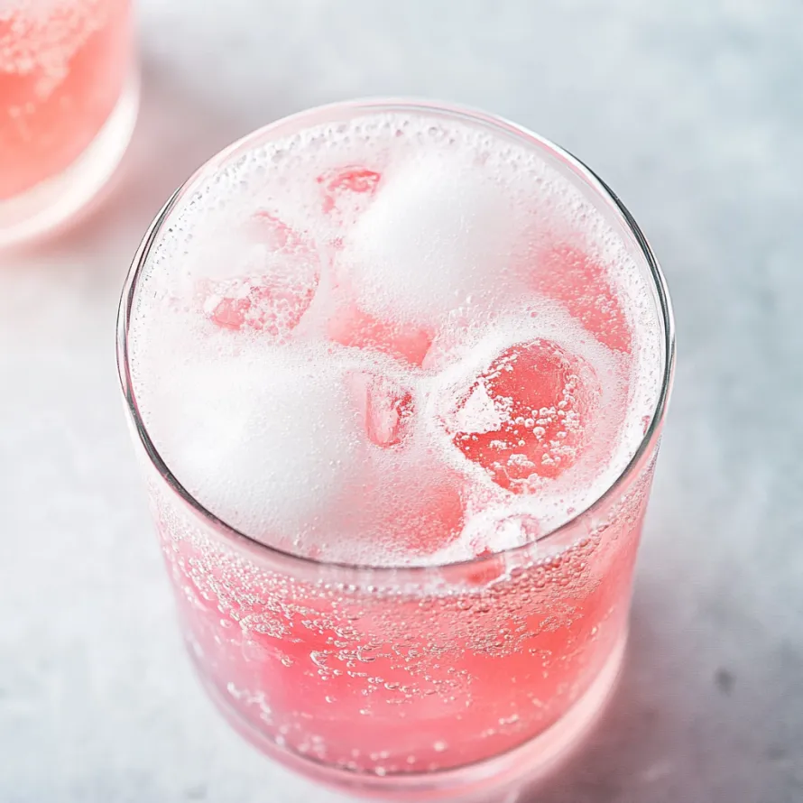 A glass of pink drink with ice cubes.