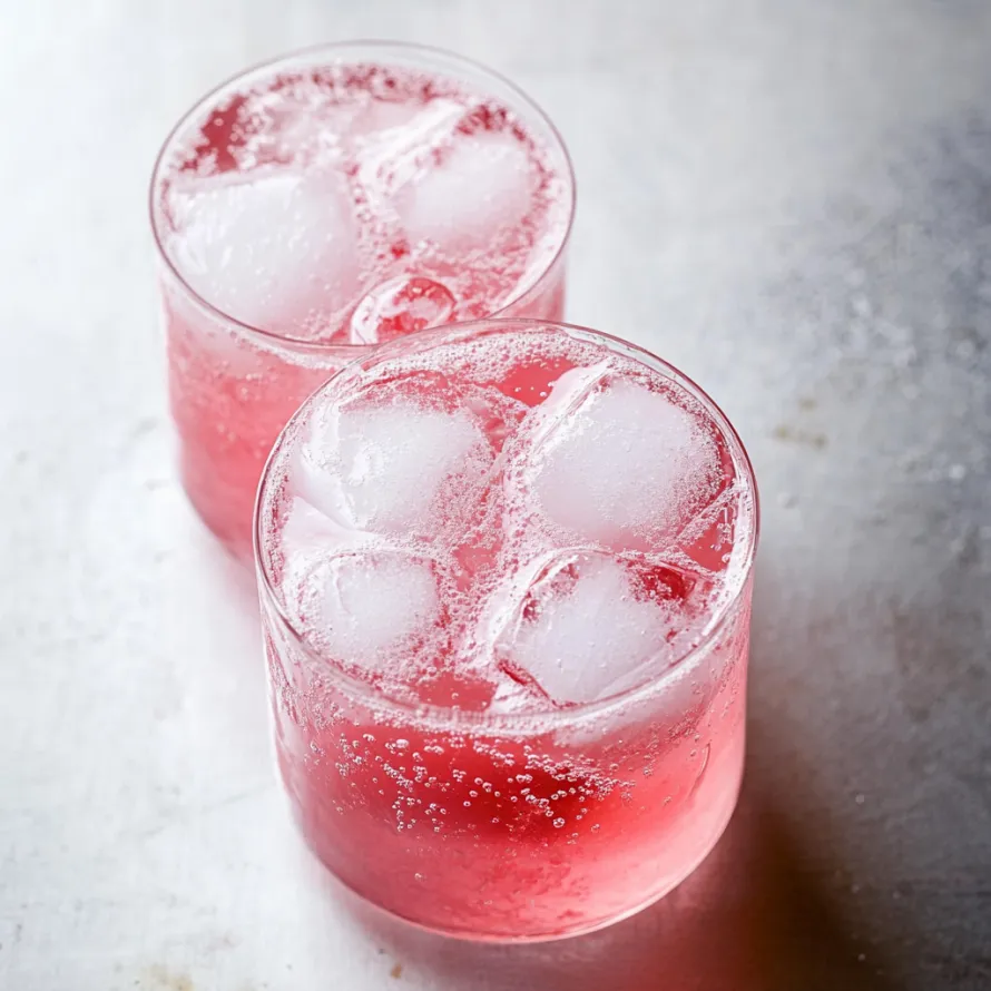 Two glasses of pink drink with ice.