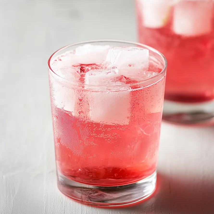 A glass of red drink with ice cubes.