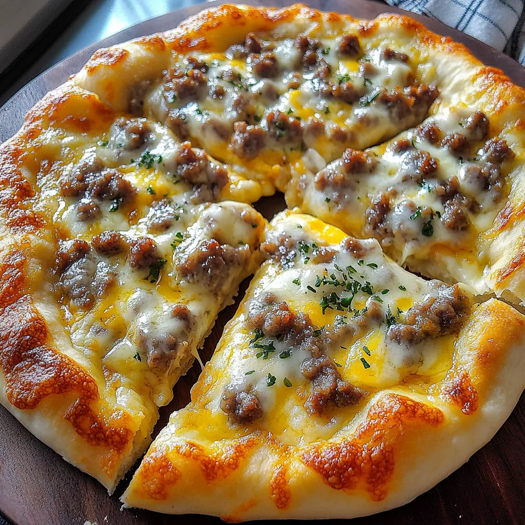 A slice of pizza with cheese and meat on a wooden board.