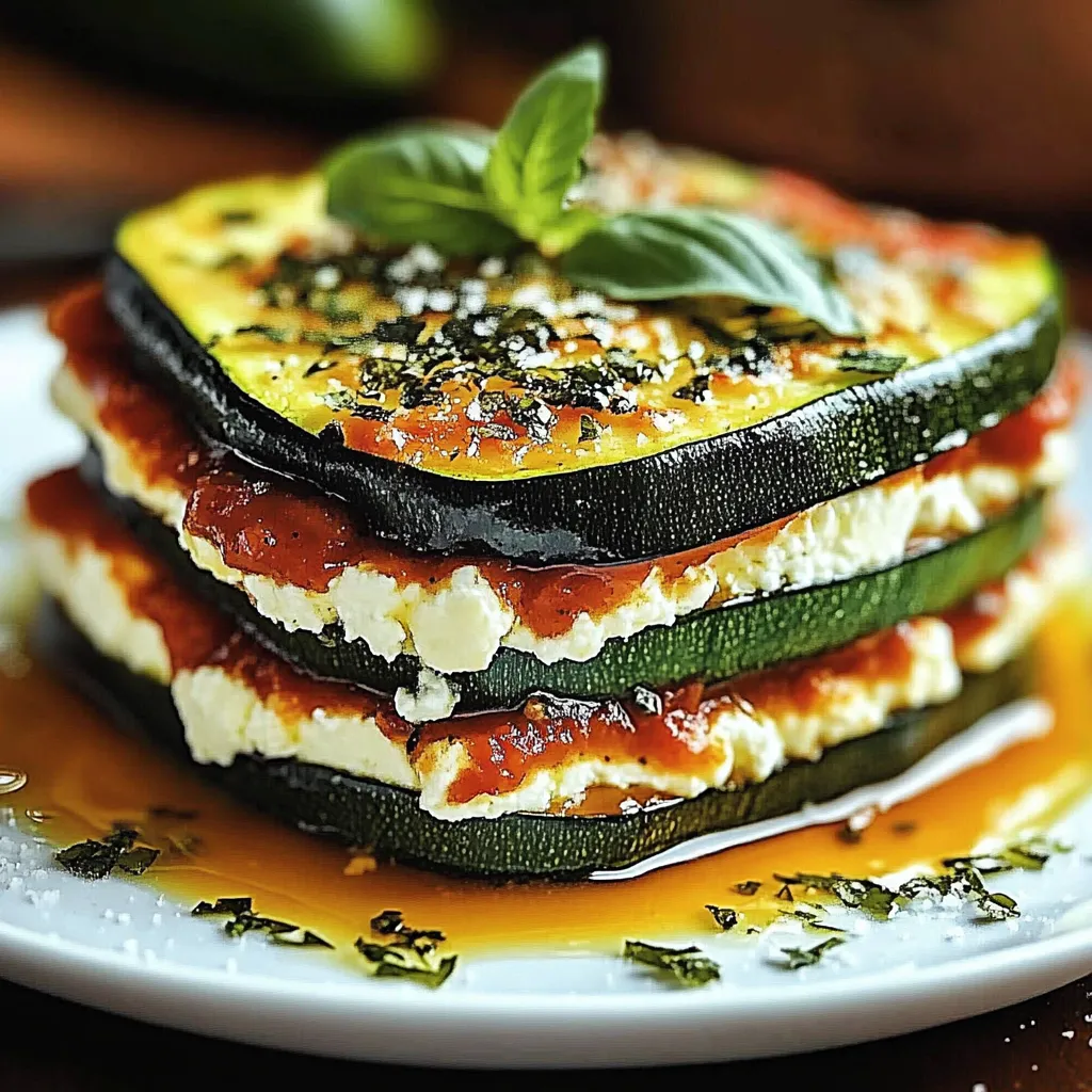 A stack of zucchini with sauce on top.