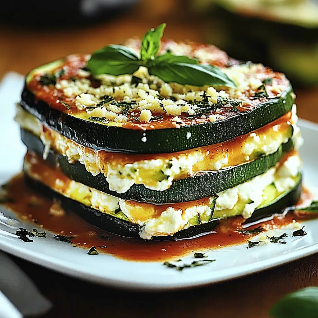 A stack of zucchini with sauce on top.