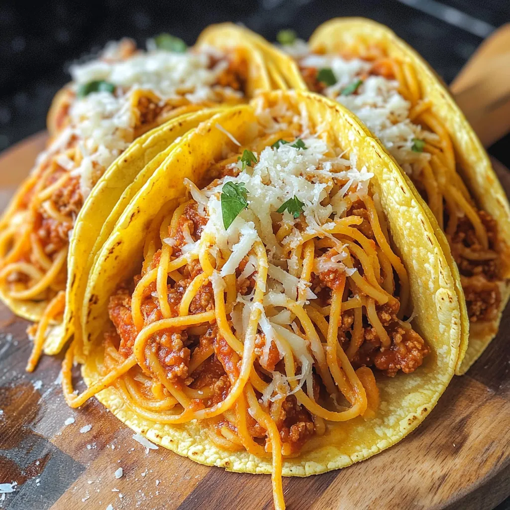 Two tacos with spaghetti and meat sauce.