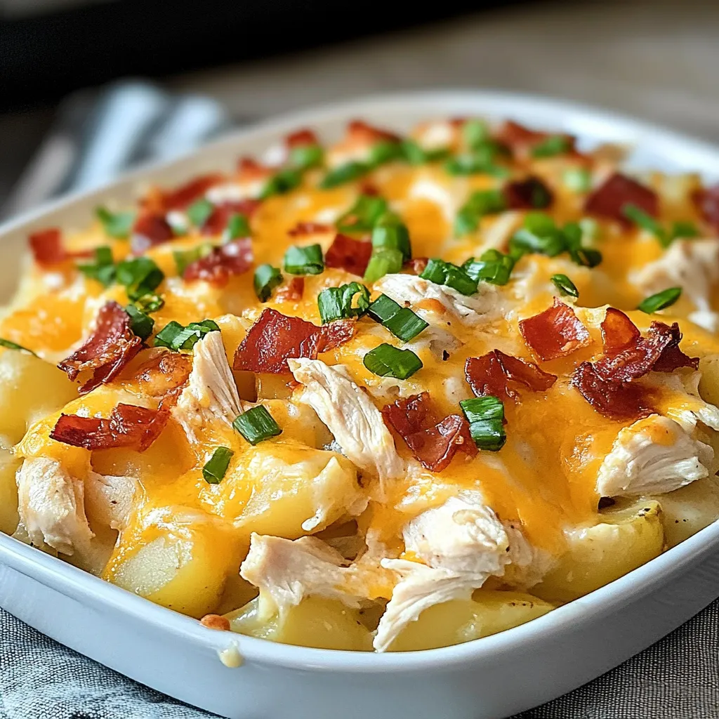 A white bowl filled with chicken and bacon.