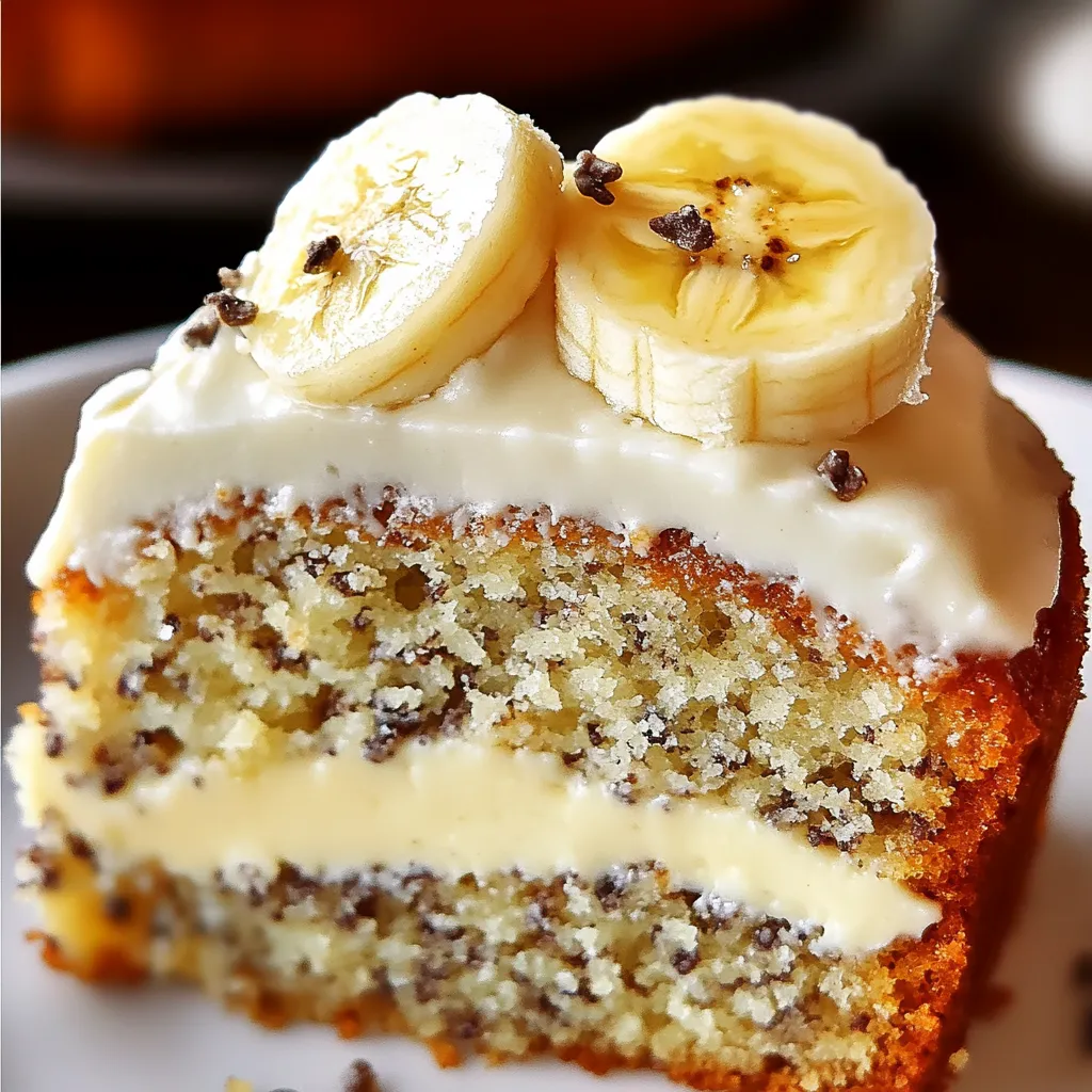 A slice of cake with bananas on top.