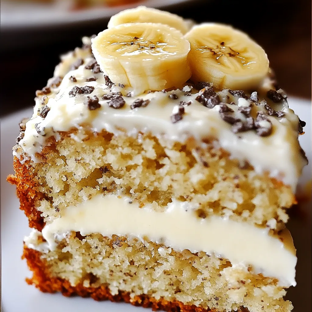 A slice of cake with bananas on top.