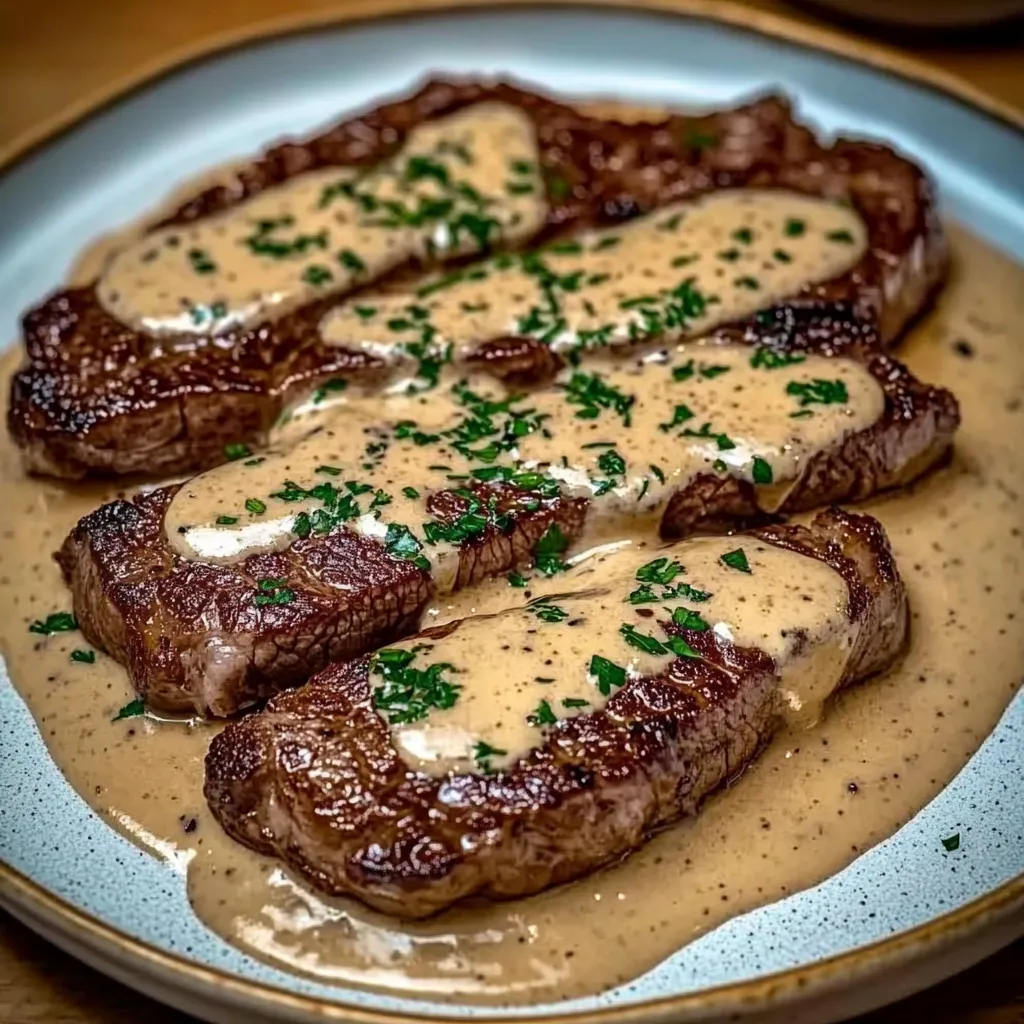 Two pieces of meat with gravy on a plate.