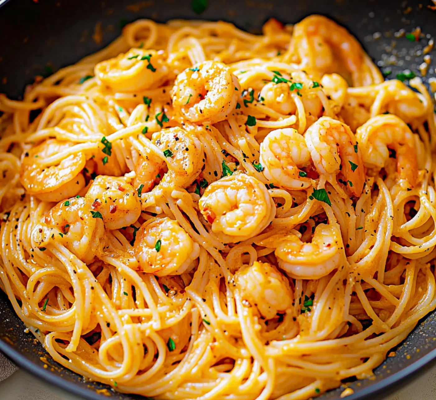 A bowl of shrimp and pasta.