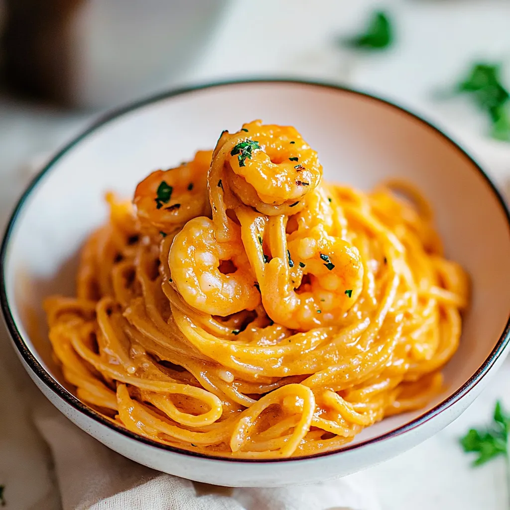 A bowl of shrimp and pasta.
