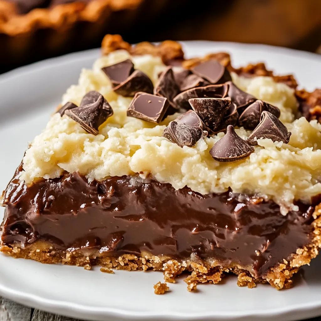 A slice of chocolate cake with chocolate chips on top.