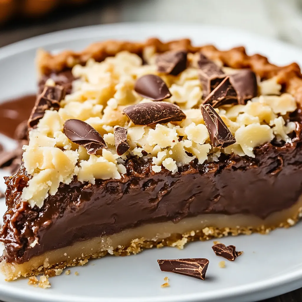 A slice of pie with chocolate and nuts on a white plate.