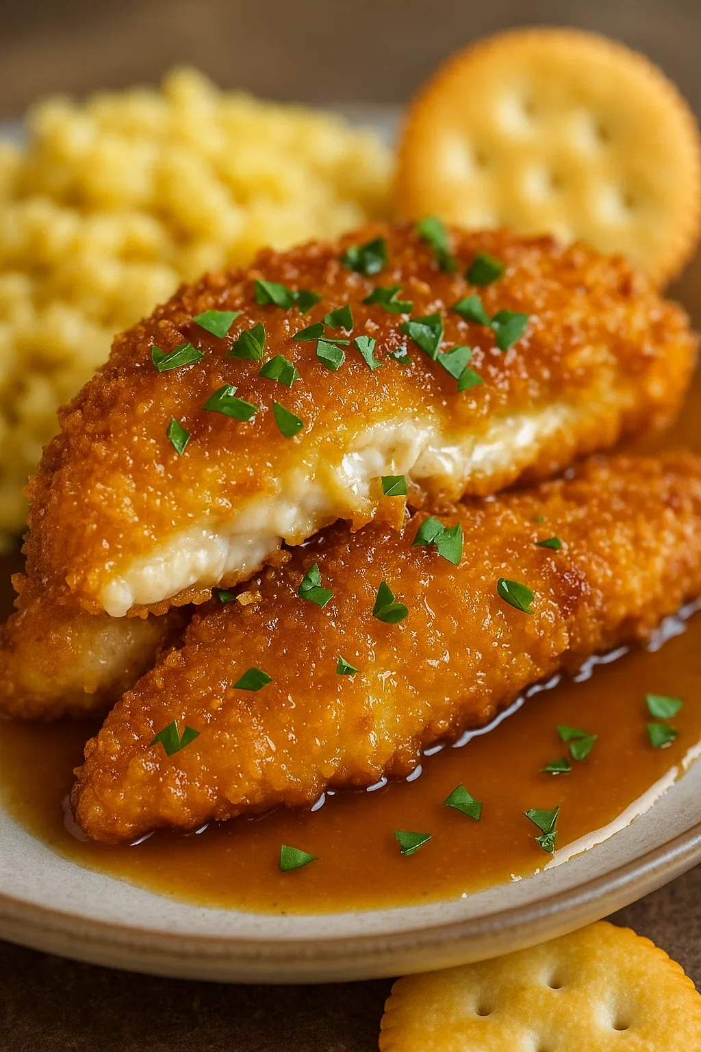 Two pieces of breaded meat with parsley on top.