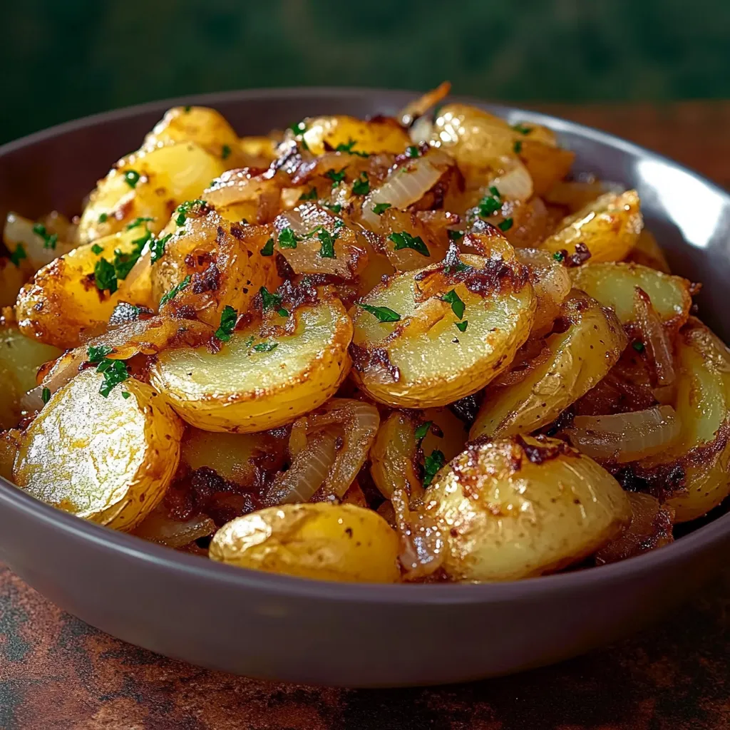 A bowl of food with potatoes and onions.