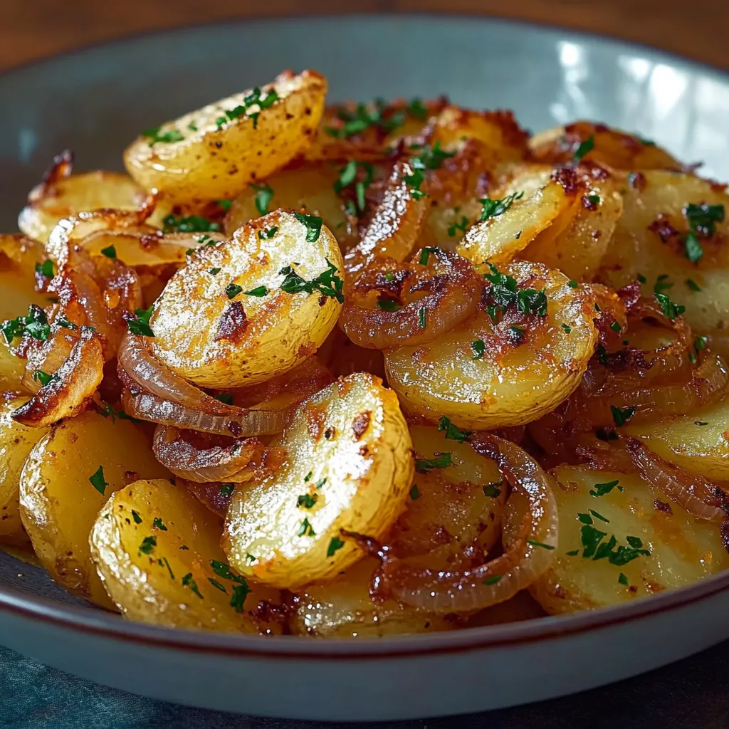 A plate of food with onions and potatoes.
