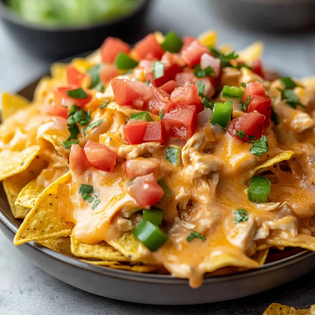 A plate of nachos with tomatoes and cheese.
