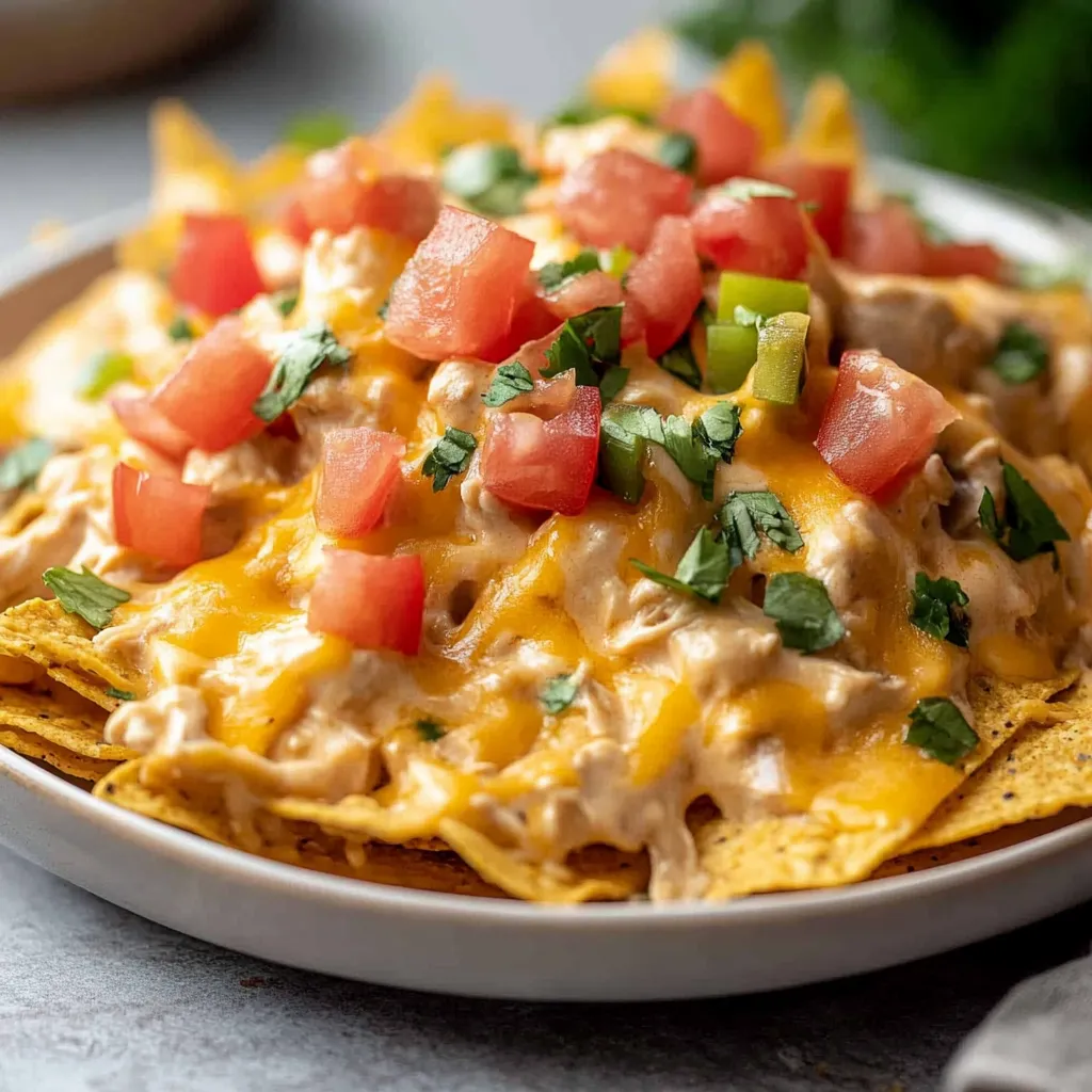 A plate of nachos with tomatoes and cheese.