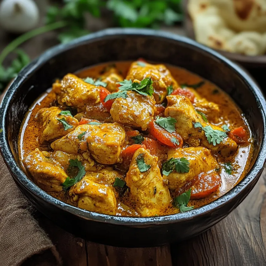 A bowl of chicken and vegetables.