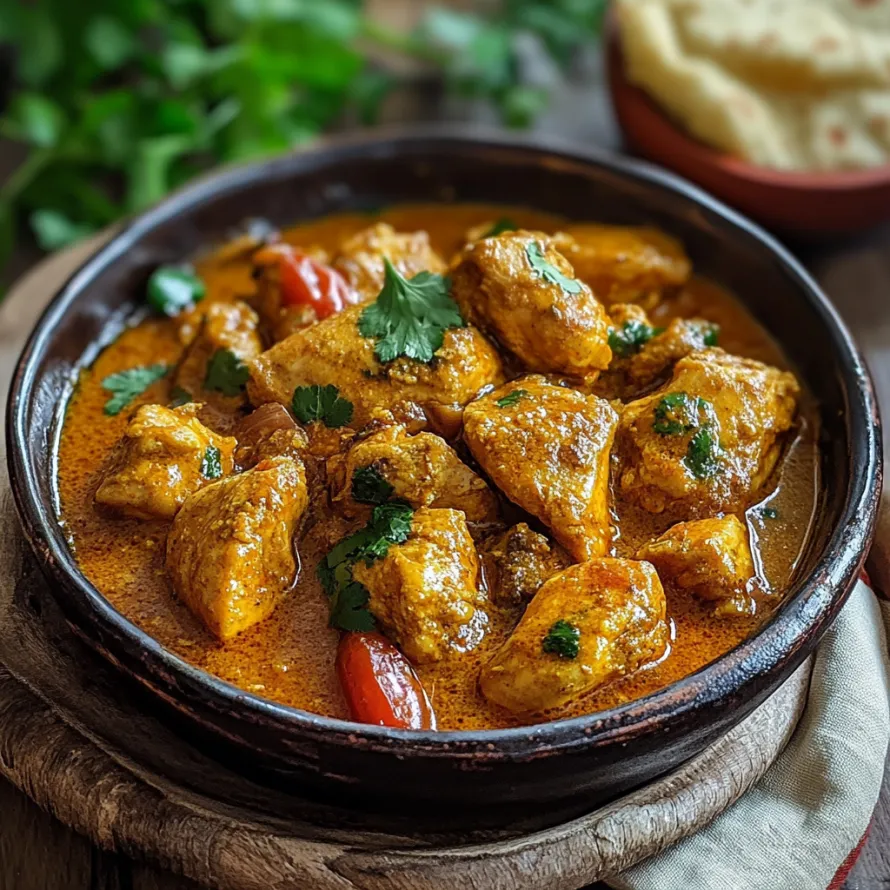 A bowl of chicken and vegetables.