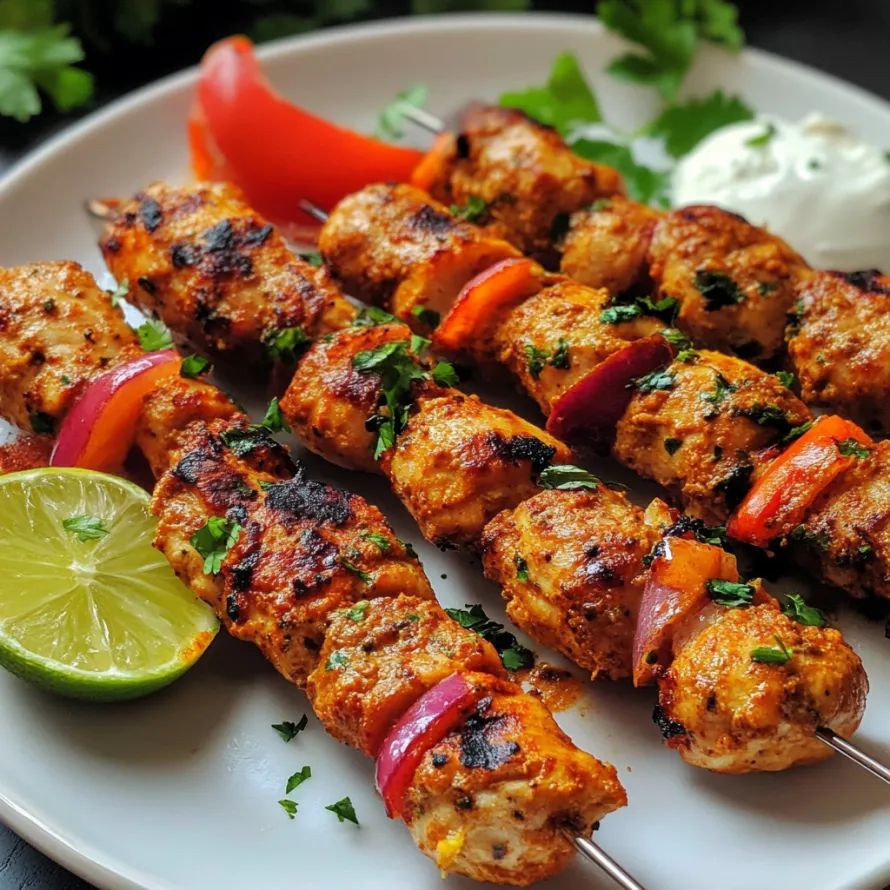 A plate of shish kabob with tomatoes and limes.