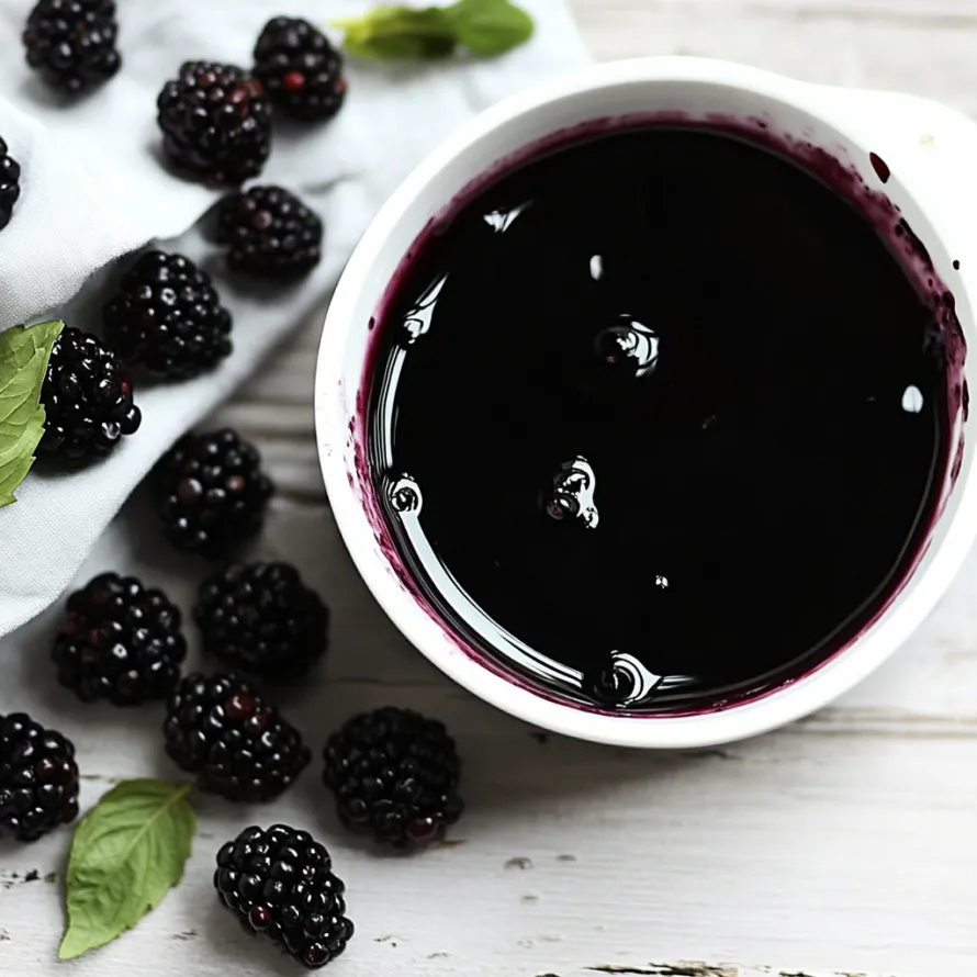 A cup of blackberry juice with a few blackberries on the side.