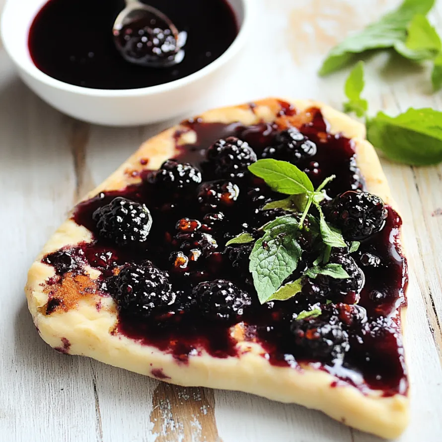A slice of pie with blackberries and mint.