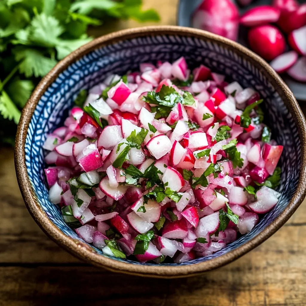 A bowl of food with red onions and green leaves.