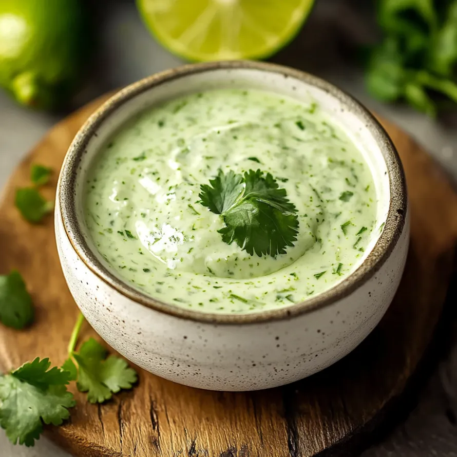 A bowl of green dip with a lime wedge on a wooden table.