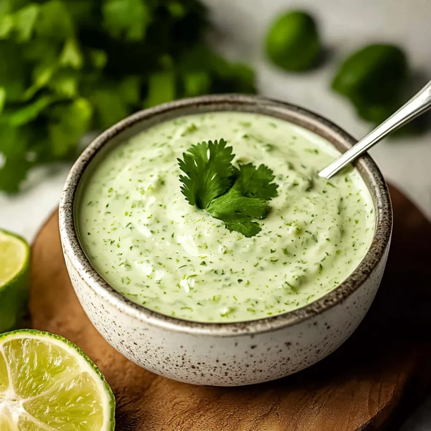 A bowl of dip with a green herb on top.