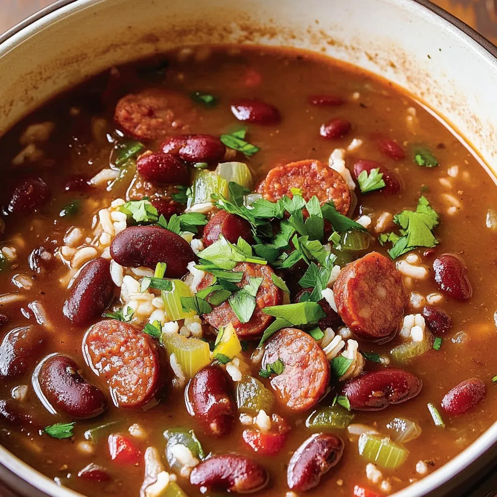 A bowl of soup with sausage and beans.
