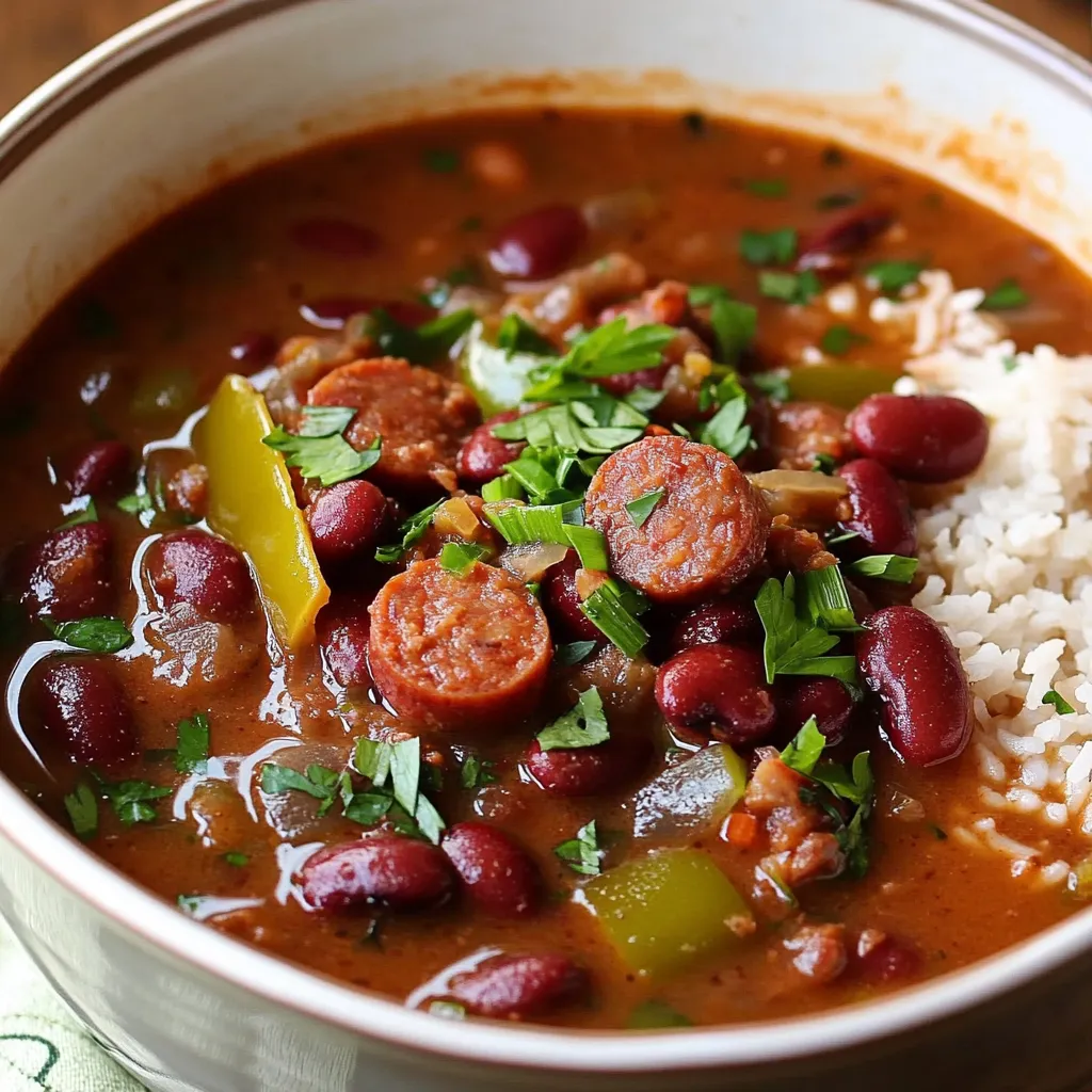 A bowl of soup with sausage and beans.