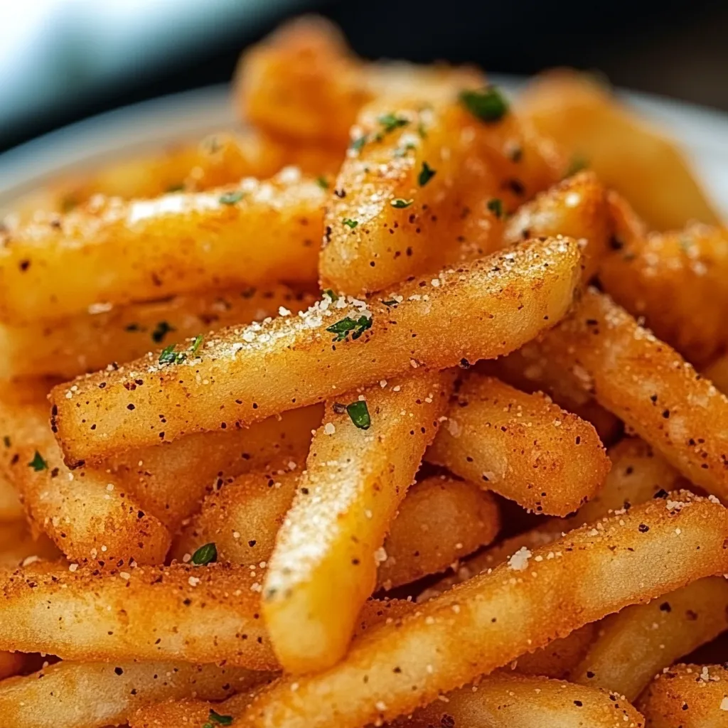 A plate of french fries with seasoning.
