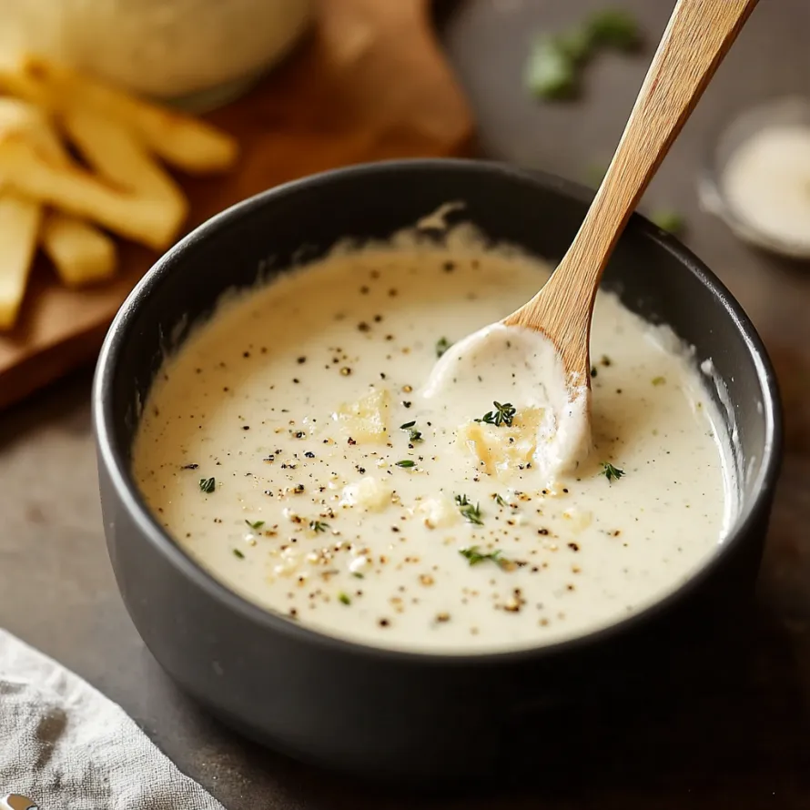 A bowl of soup with a spoon in it.