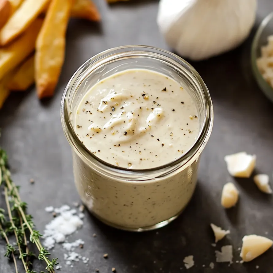 A glass jar of garlic sauce.