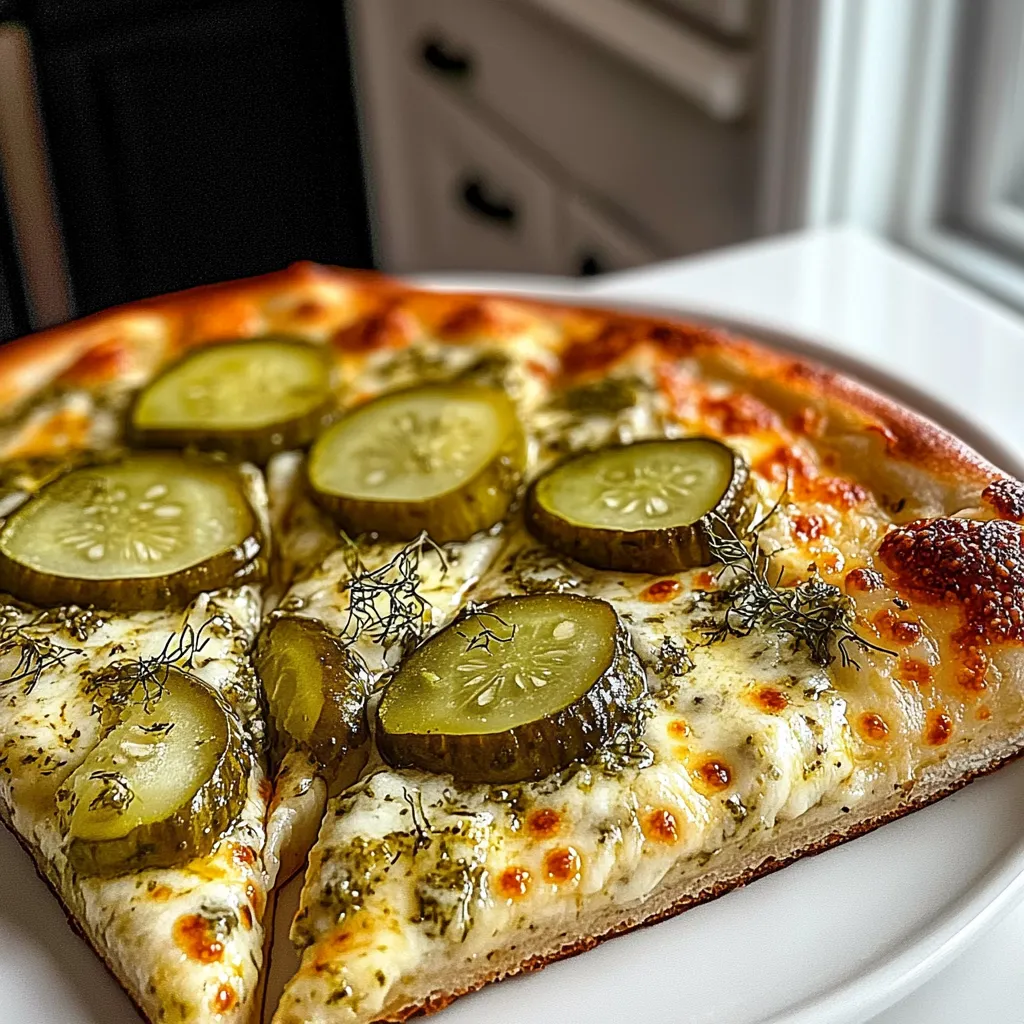 A slice of pizza with pickles on top.
