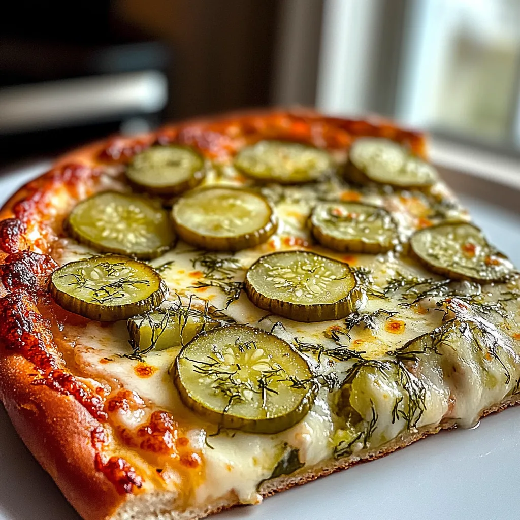 A slice of pizza with pickles on top.