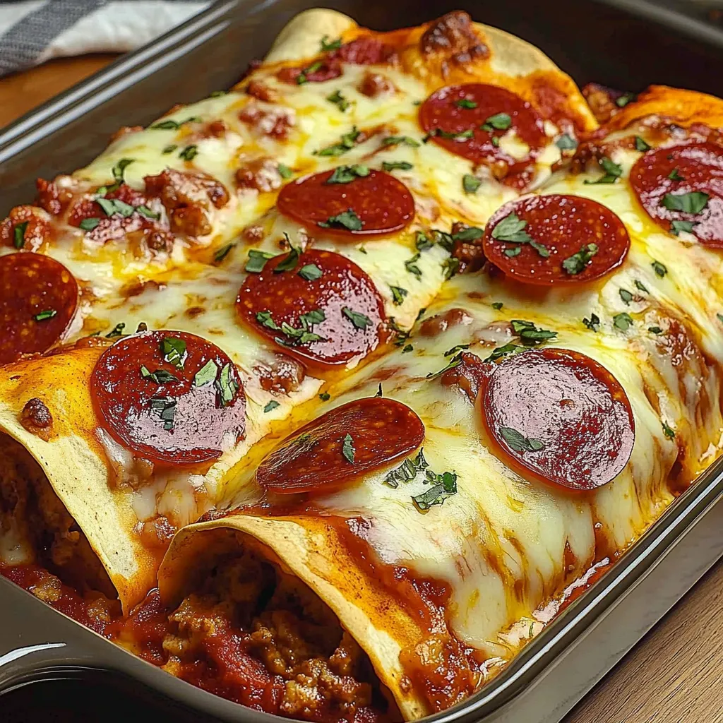 A pan of food with pepperoni and cheese.
