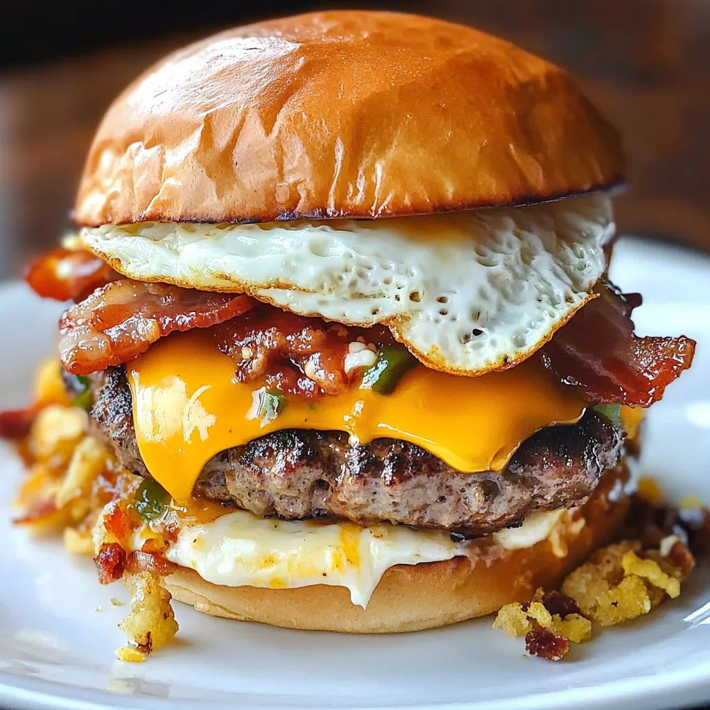 A hamburger with bacon, egg, and cheese.
