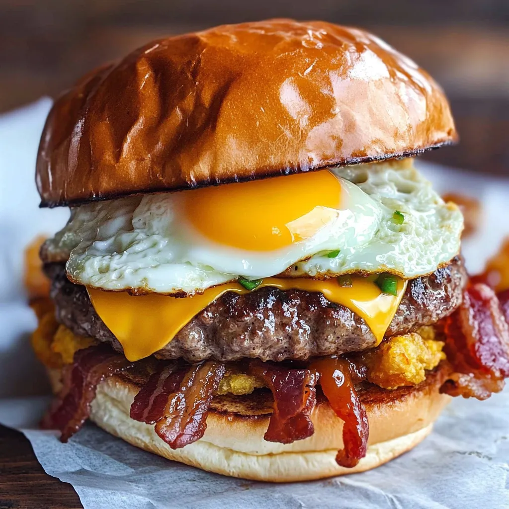 A burger with a fried egg on top.