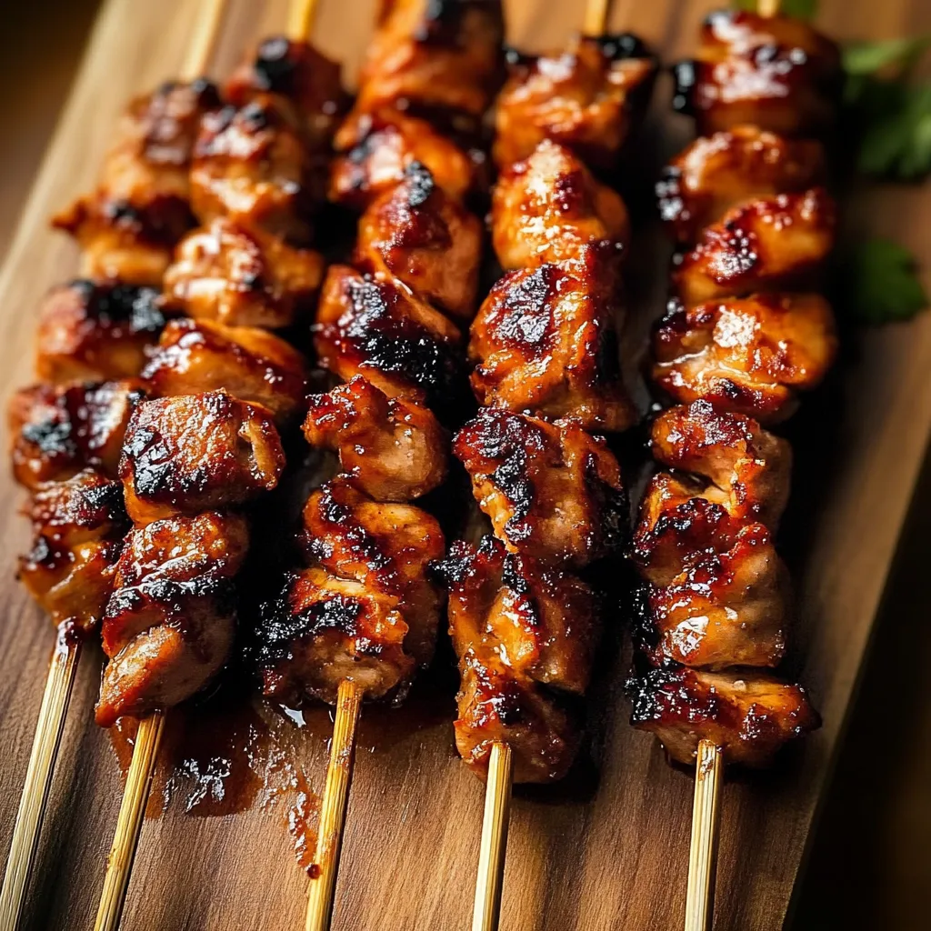 A wooden platter with skewers of meat.