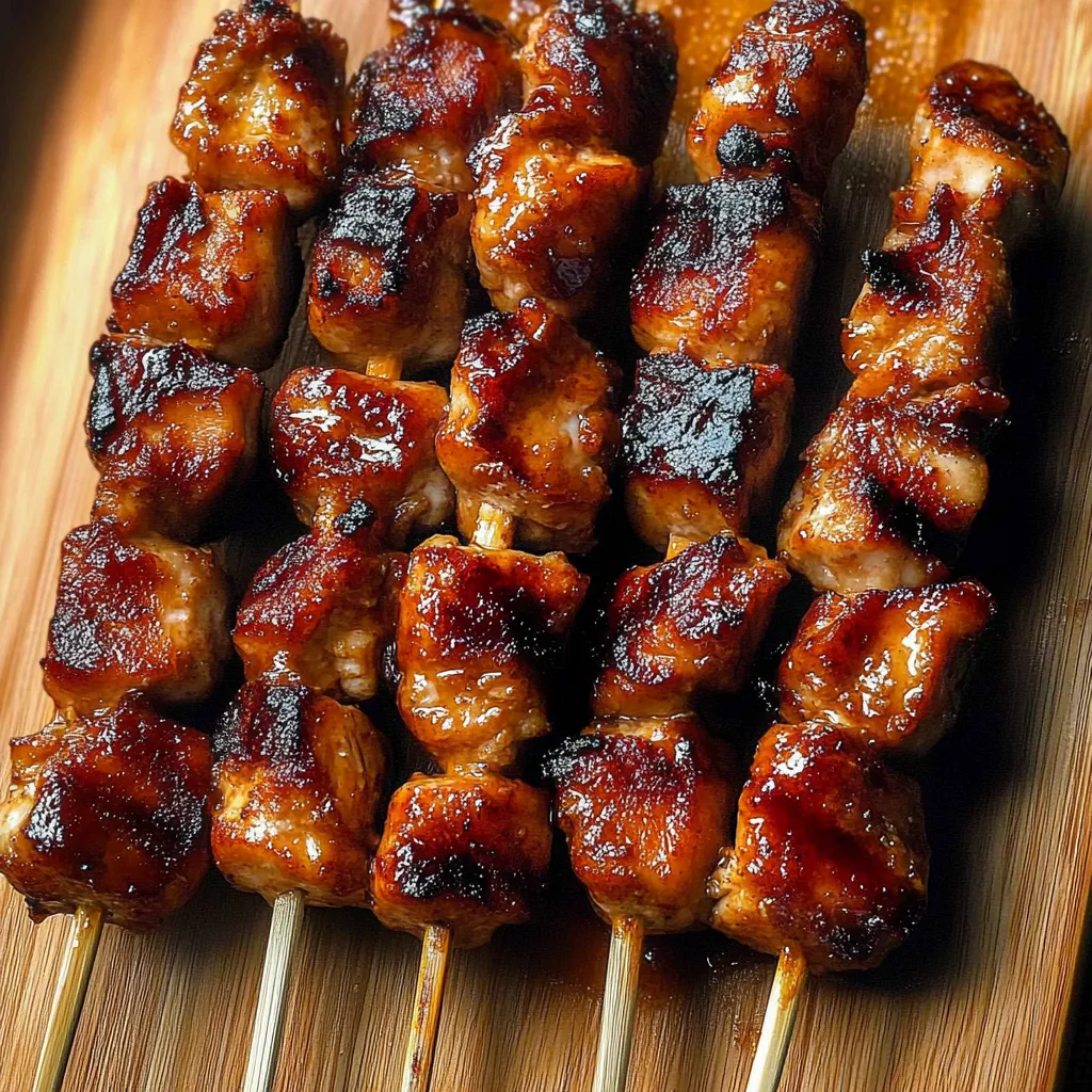 A wooden platter with grilled meat on skewers.