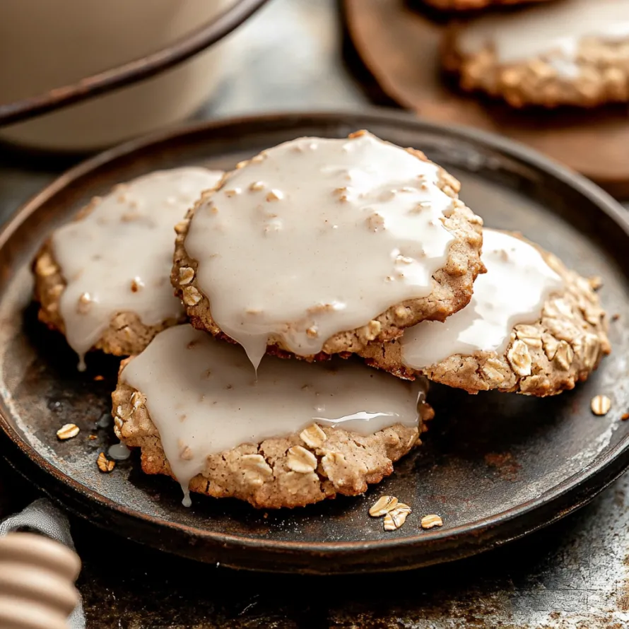 A stack of cookies with white icing.