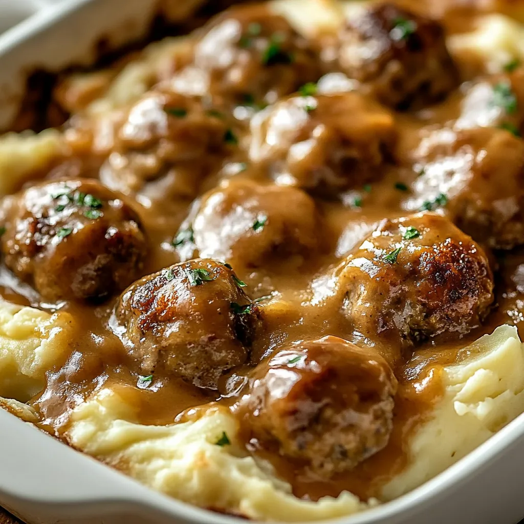 A delicious meal of meatballs and potatoes in a white bowl.