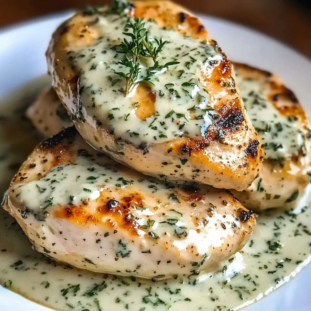 A plate of chicken covered in a creamy sauce and herbs.