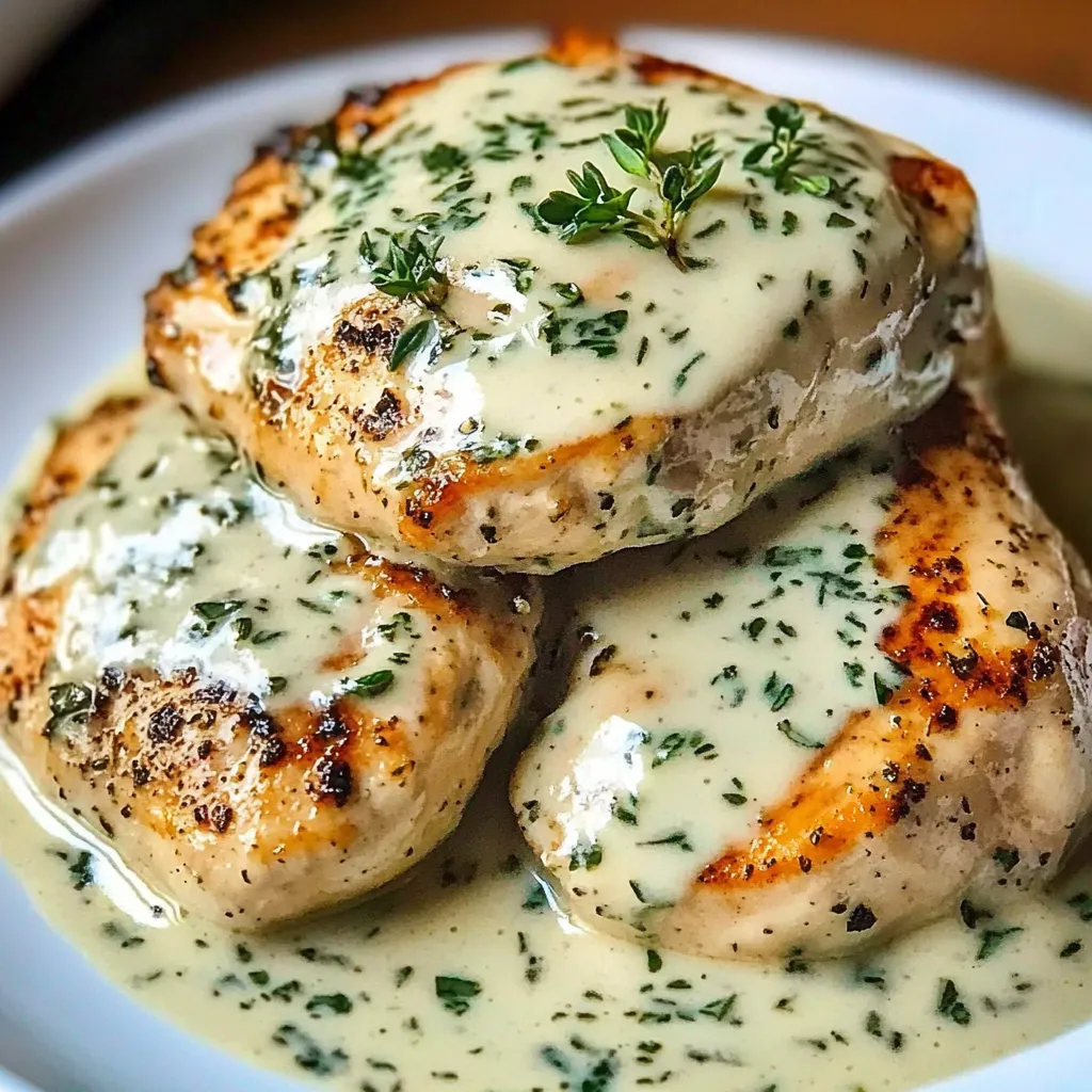 A plate of chicken covered in a creamy sauce and herbs.