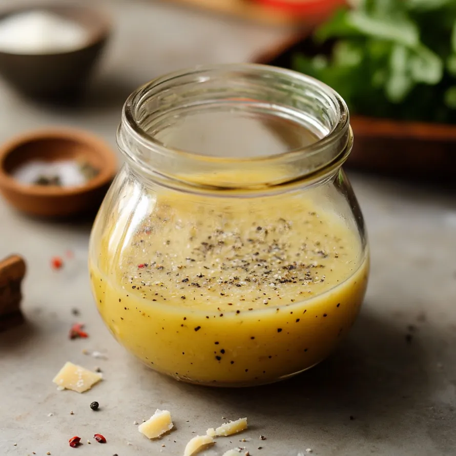 A glass jar filled with a yellow sauce, possibly a Parmesan vinaigrette, sits on a table.
