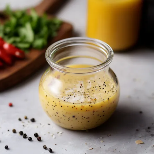 A jar of Parmesan Vinaigrette sits on a table next to a cutting board with fresh herbs.